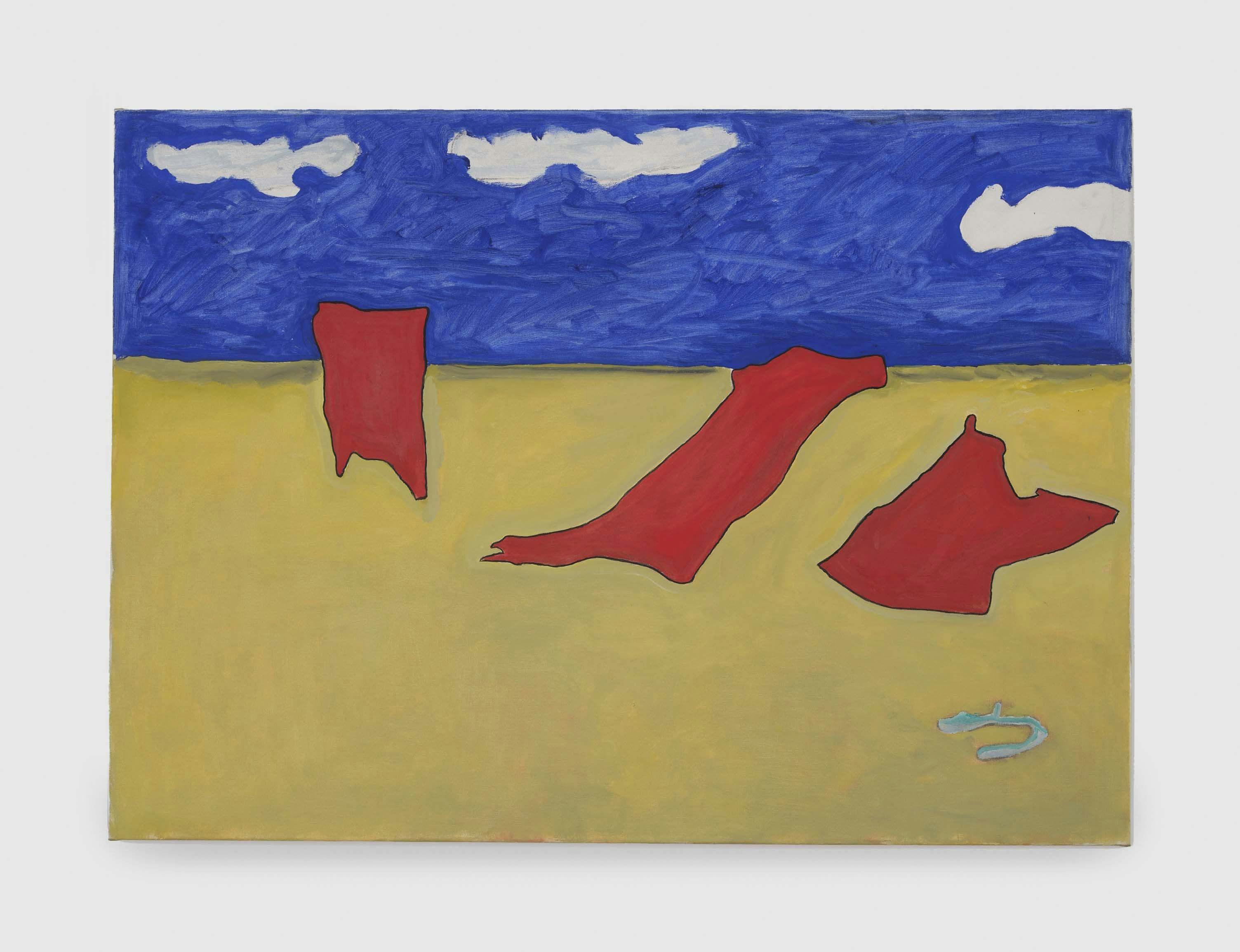 A painting by Raoul De Keyser, titled Three Scarecrows in a Gale, dated 2006.